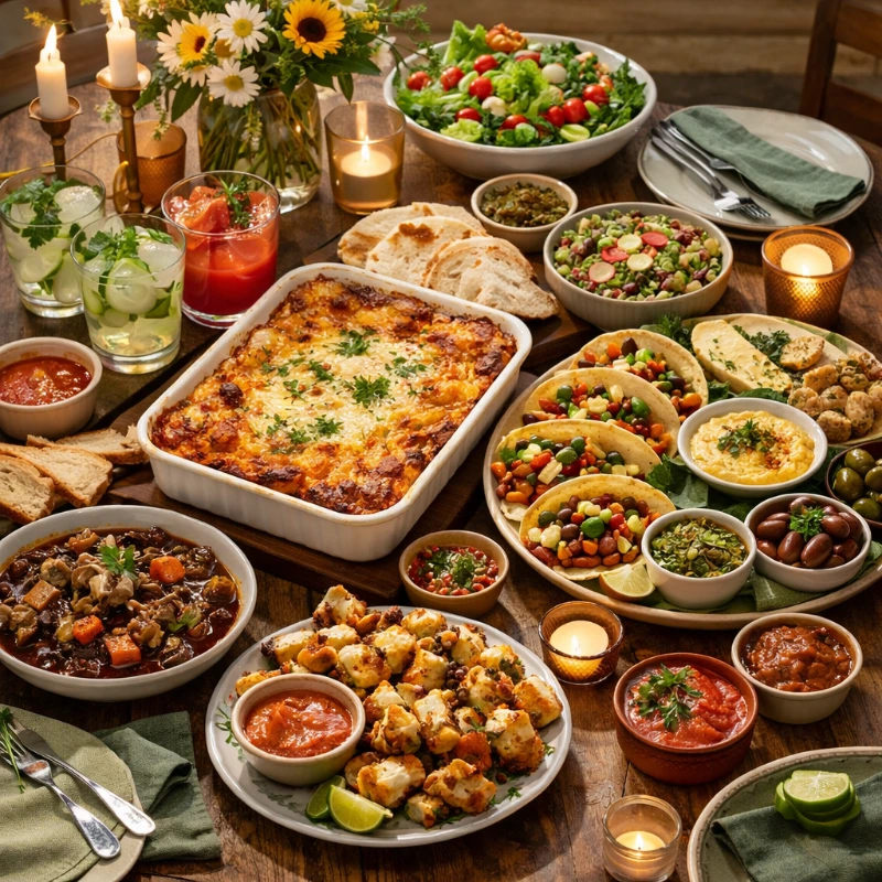 Colourful meat-free dinner party spread