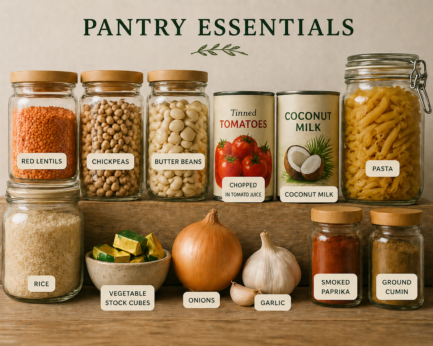 Pantry shelf with beans and spices